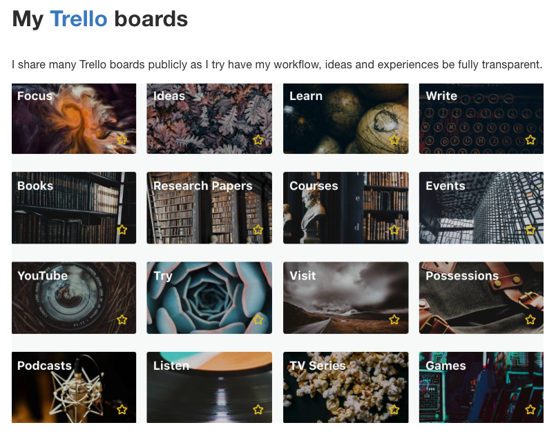 Nikita shares his Trello boards publicly so you can see how he works.